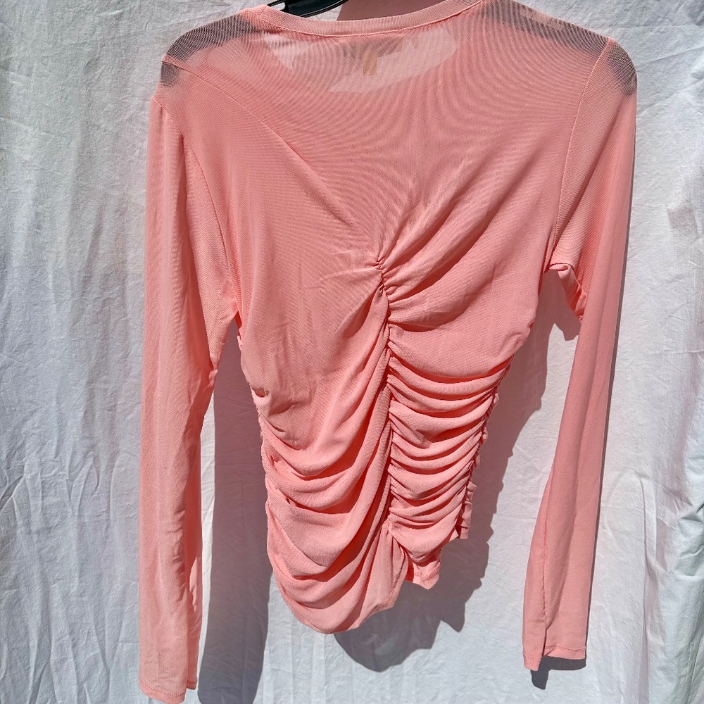 Pink Asymmetrical Mesh Rouched Long Sleeve - Picture 2 of 2